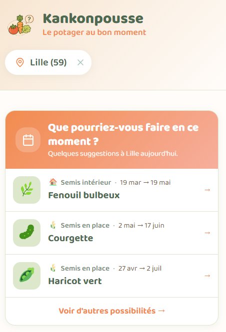 Kankonpousse — Écran d'accueil avec suggestions de plantations à Lille